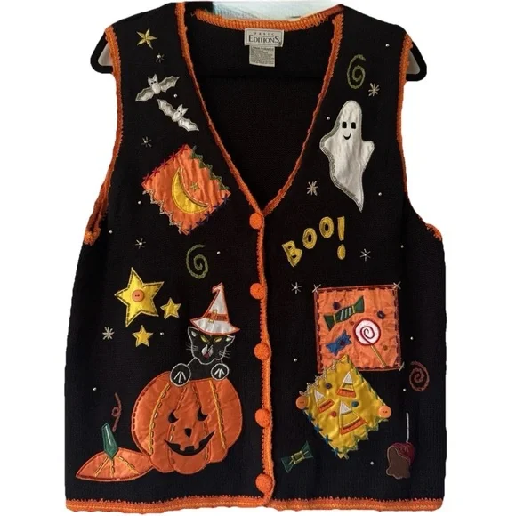 Vintage Halloween Sweater Vest Cat Pumpkin Ghost Applique Black Button Front L - Picture 2 of 14
